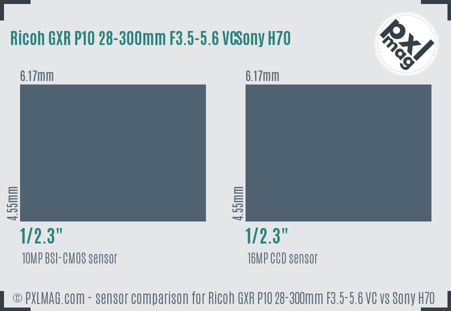 Ricoh GXR P10 28-300mm F3.5-5.6 VC vs Sony H70 sensor size comparison