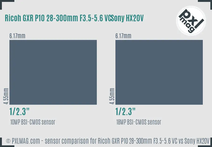 Ricoh GXR P10 28-300mm F3.5-5.6 VC vs Sony HX20V sensor size comparison