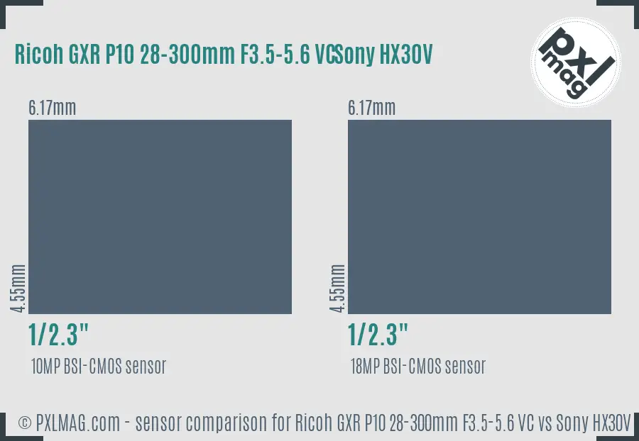Ricoh GXR P10 28-300mm F3.5-5.6 VC vs Sony HX30V sensor size comparison