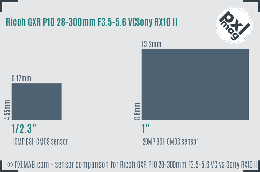 Ricoh GXR P10 28-300mm F3.5-5.6 VC vs Sony RX10 II sensor size comparison