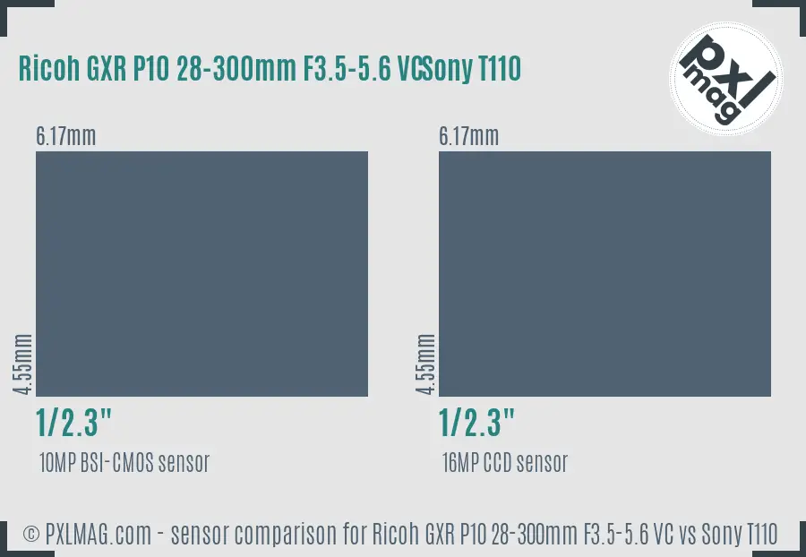 Ricoh GXR P10 28-300mm F3.5-5.6 VC vs Sony T110 sensor size comparison