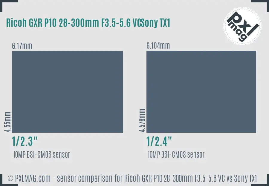 Ricoh GXR P10 28-300mm F3.5-5.6 VC vs Sony TX1 sensor size comparison