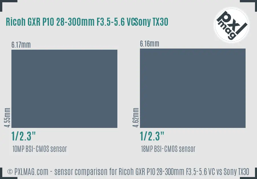 Ricoh GXR P10 28-300mm F3.5-5.6 VC vs Sony TX30 sensor size comparison