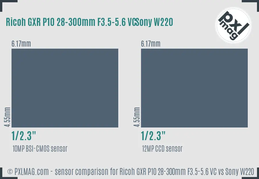 Ricoh GXR P10 28-300mm F3.5-5.6 VC vs Sony W220 sensor size comparison