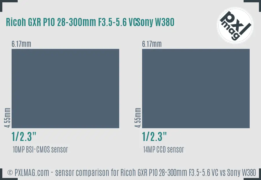 Ricoh GXR P10 28-300mm F3.5-5.6 VC vs Sony W380 sensor size comparison