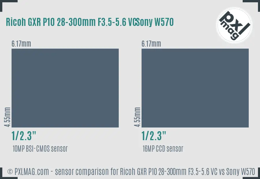 Ricoh GXR P10 28-300mm F3.5-5.6 VC vs Sony W570 sensor size comparison