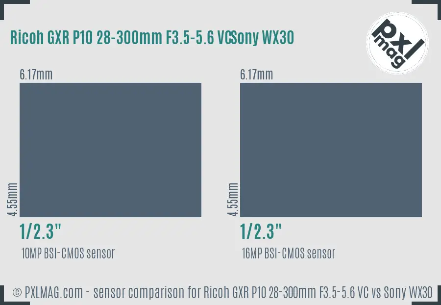Ricoh GXR P10 28-300mm F3.5-5.6 VC vs Sony WX30 sensor size comparison