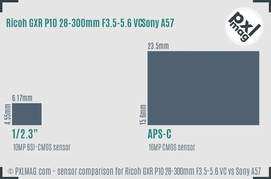 Ricoh GXR P10 28-300mm F3.5-5.6 VC vs Sony A57 sensor size comparison