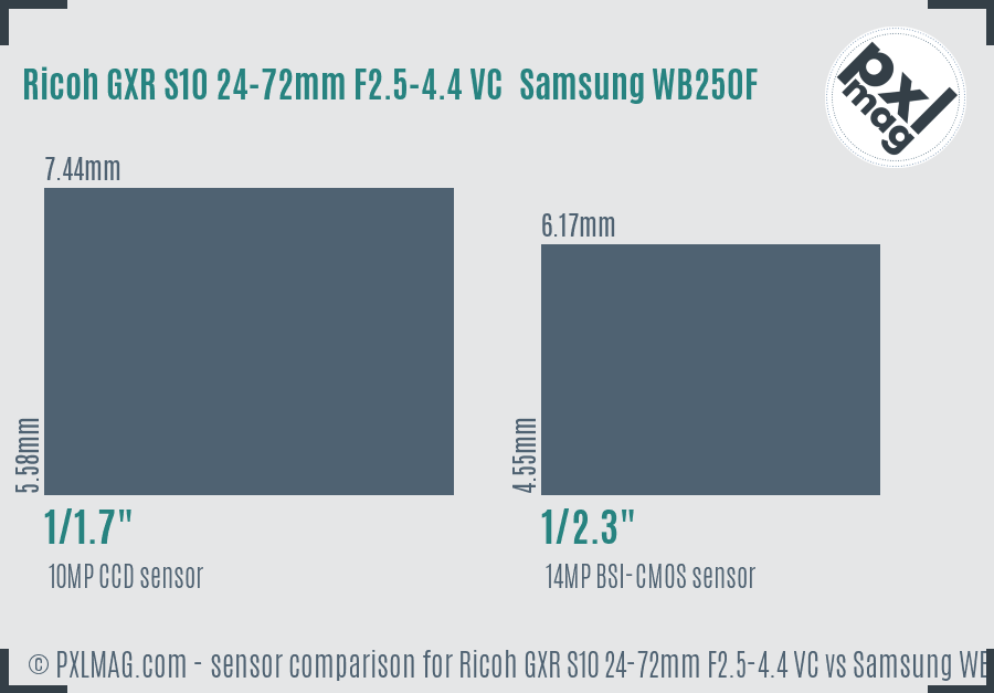 Ricoh GXR S10 24-72mm F2.5-4.4 VC vs Samsung WB250F sensor size comparison