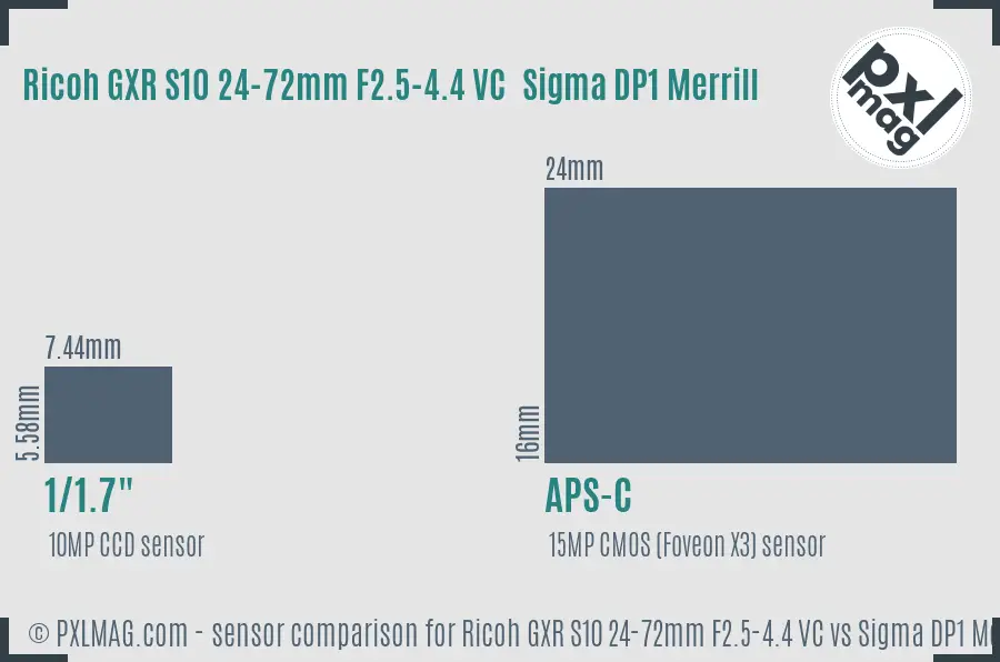 Ricoh GXR S10 24-72mm F2.5-4.4 VC vs Sigma DP1 Merrill sensor size comparison