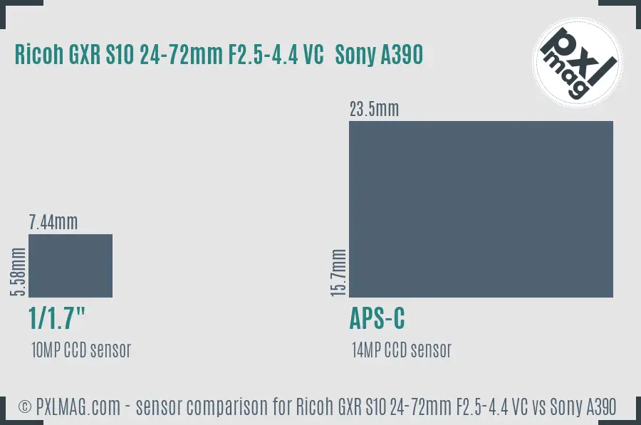 Ricoh GXR S10 24-72mm F2.5-4.4 VC vs Sony A390 sensor size comparison Ricoh GXR S10 24-72mm F2.5-4.4 VC vs Sony A390 sensor size comparison
