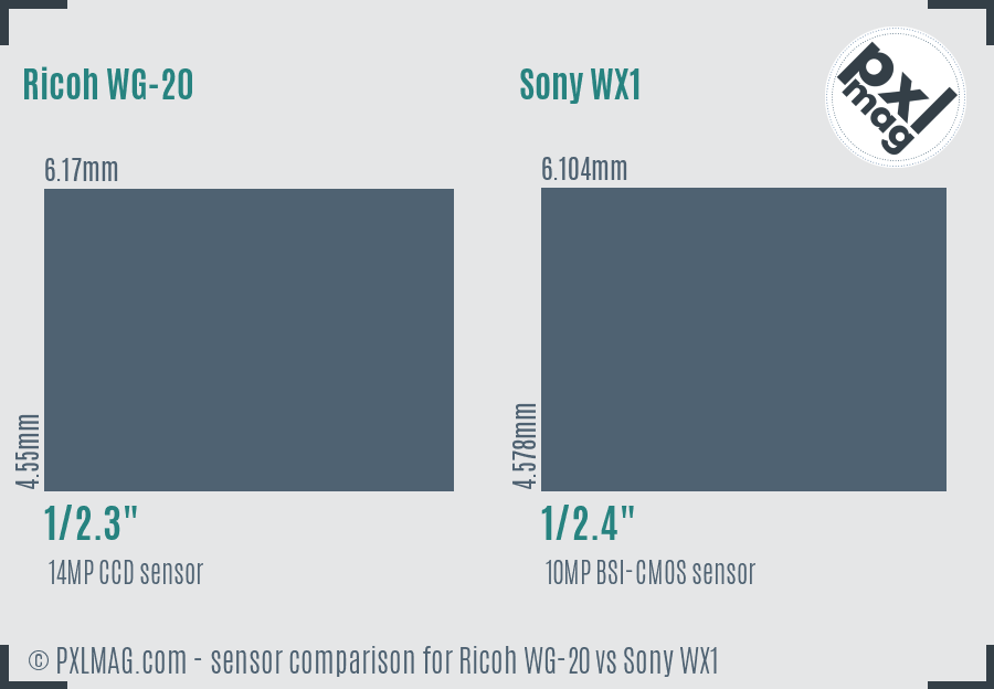 Ricoh WG-20 vs Sony WX1 sensor size comparison