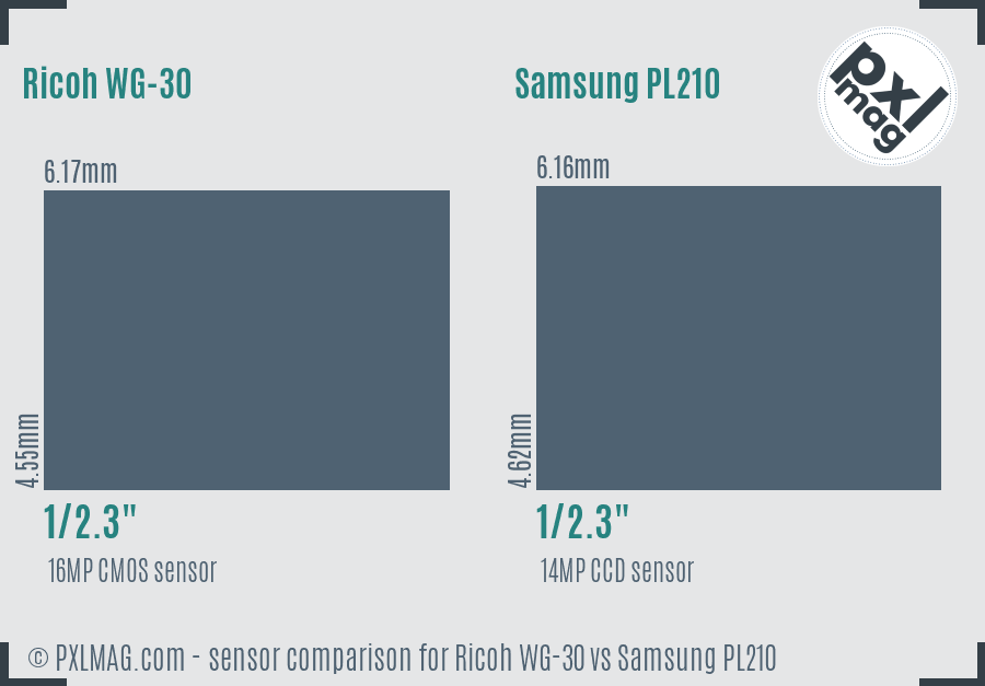 Ricoh WG-30 vs Samsung PL210 sensor size comparison