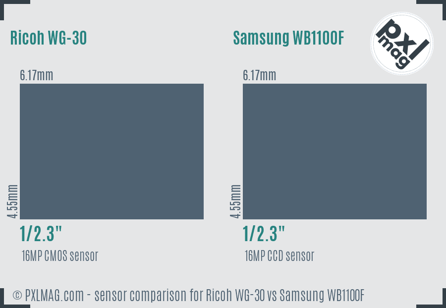 Ricoh WG-30 vs Samsung WB1100F sensor size comparison