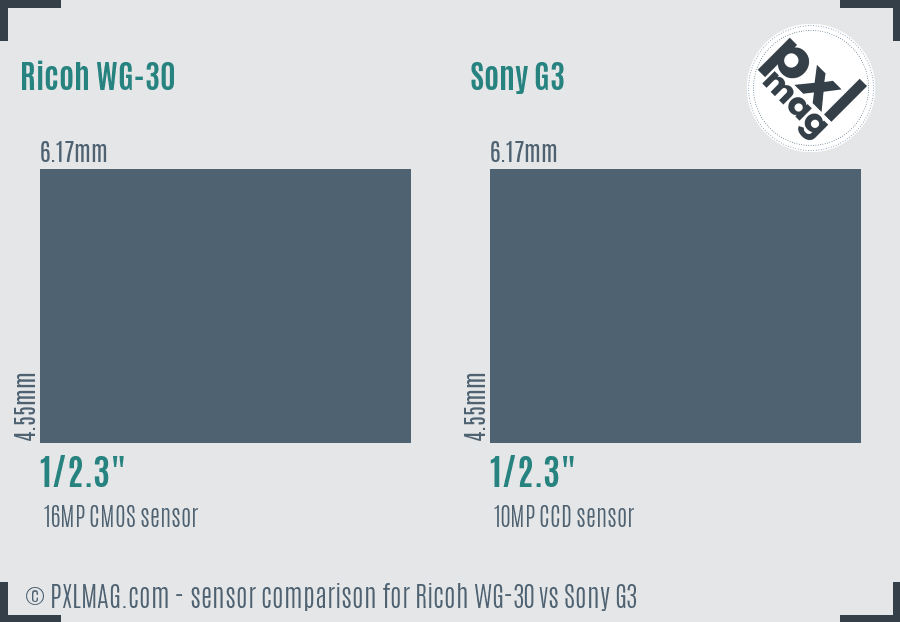 Ricoh WG-30 vs Sony G3 sensor size comparison