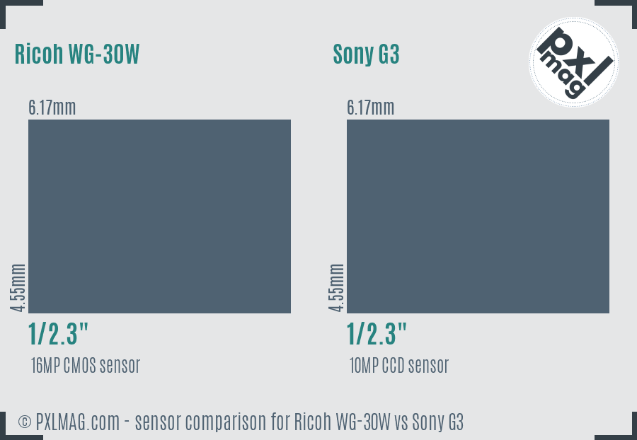 Ricoh WG-30W vs Sony G3 sensor size comparison