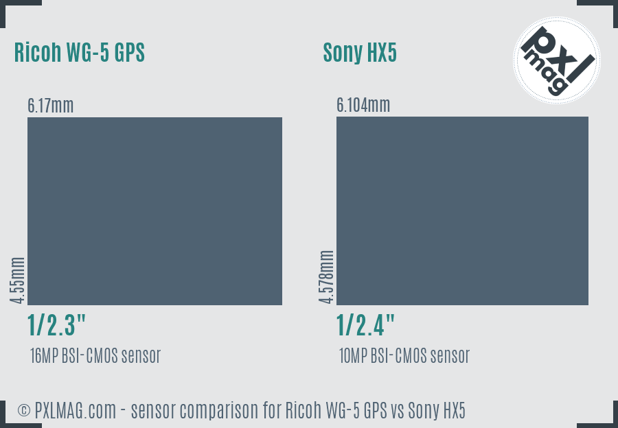 Ricoh WG-5 GPS vs Sony HX5 sensor size comparison