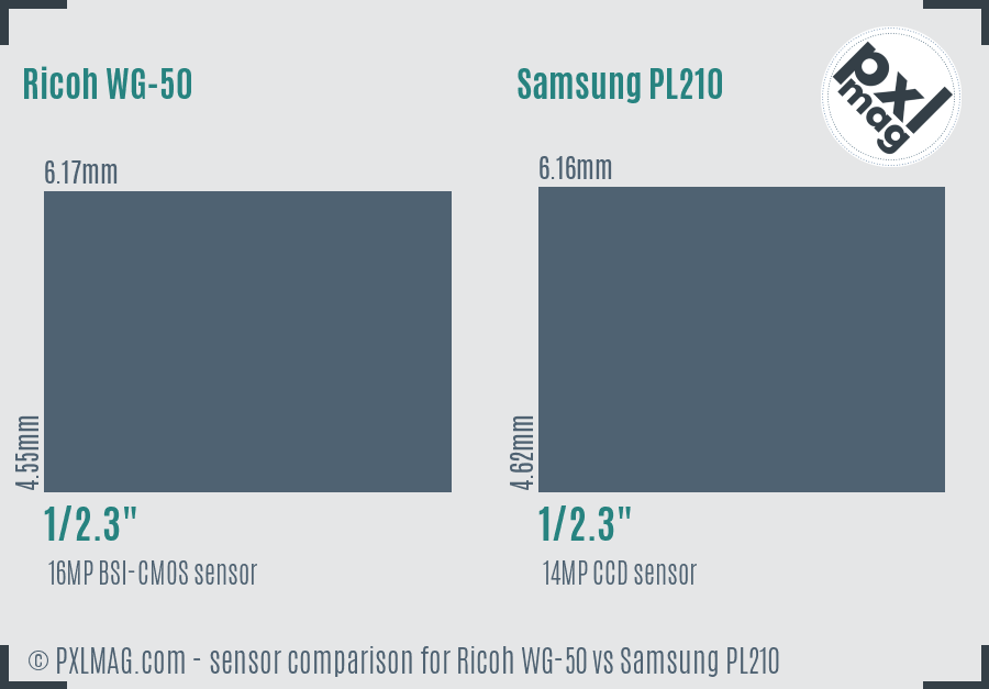 Ricoh WG-50 vs Samsung PL210 sensor size comparison