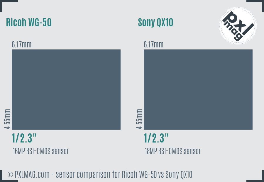 Ricoh WG-50 vs Sony QX10 sensor size comparison