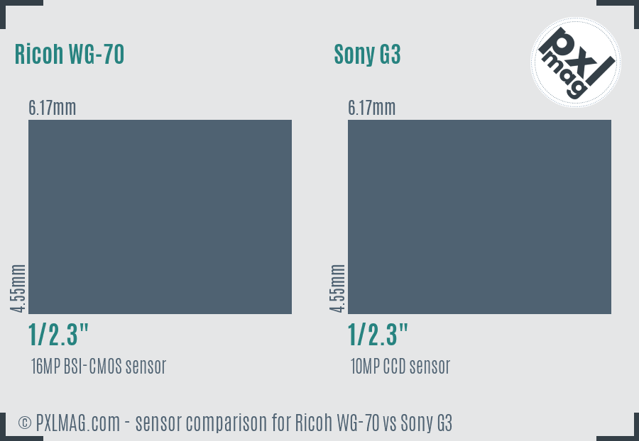 Ricoh WG-70 vs Sony G3 sensor size comparison