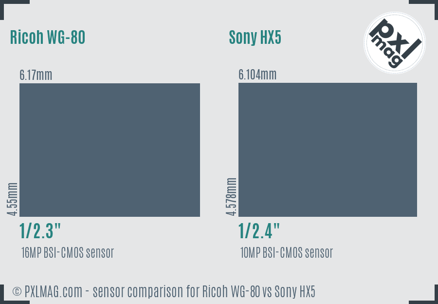 Ricoh WG-80 vs Sony HX5 sensor size comparison