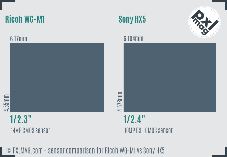 Ricoh WG-M1 vs Sony HX5 sensor size comparison Ricoh WG-M1 vs Sony HX5 sensor size comparison