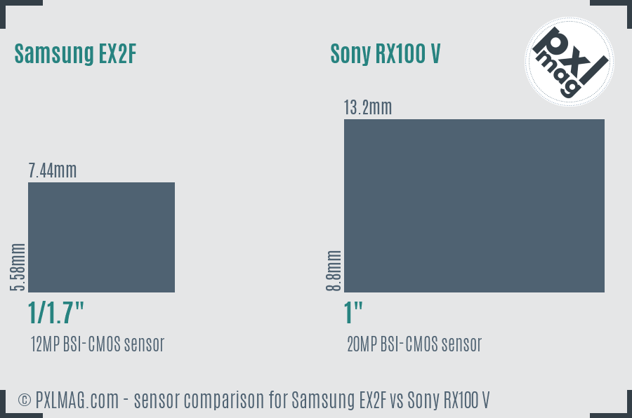 Samsung EX2F vs Sony RX100 V sensor size comparison