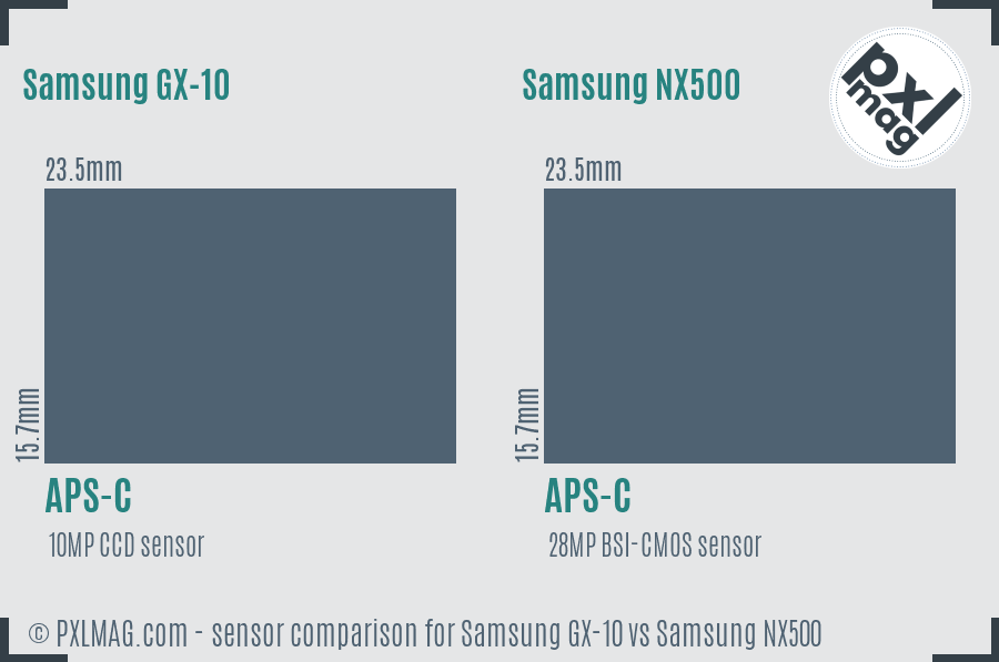 Samsung GX-10 vs Samsung NX500 sensor size comparison