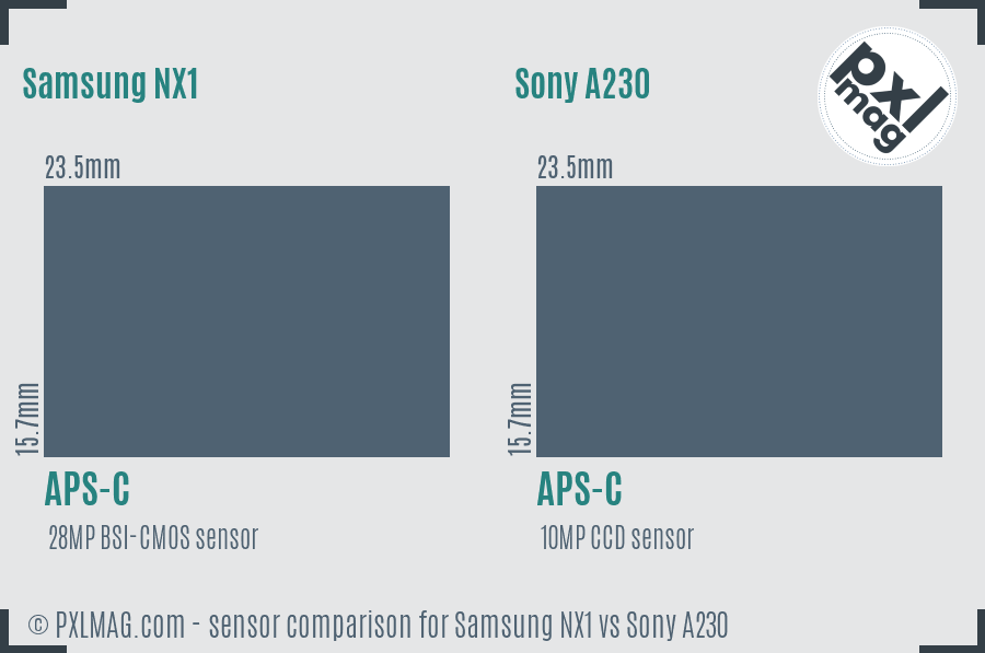Samsung NX1 vs Sony A230 sensor size comparison