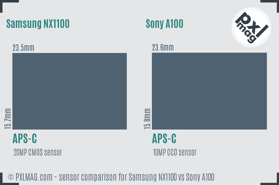 Samsung NX1100 vs Sony A100 sensor size comparison