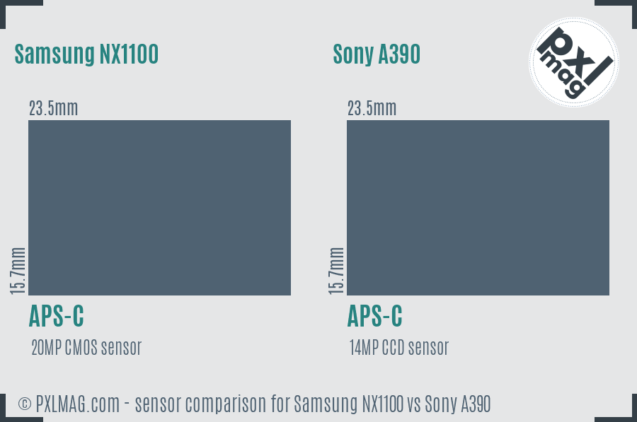 Samsung NX1100 vs Sony A390 sensor size comparison