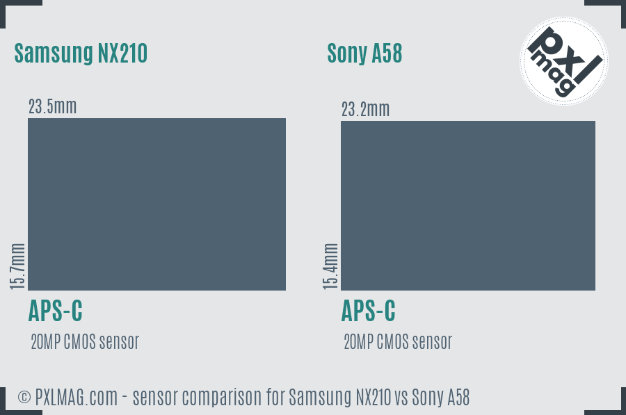 Samsung NX210 vs Sony A58 sensor size comparison