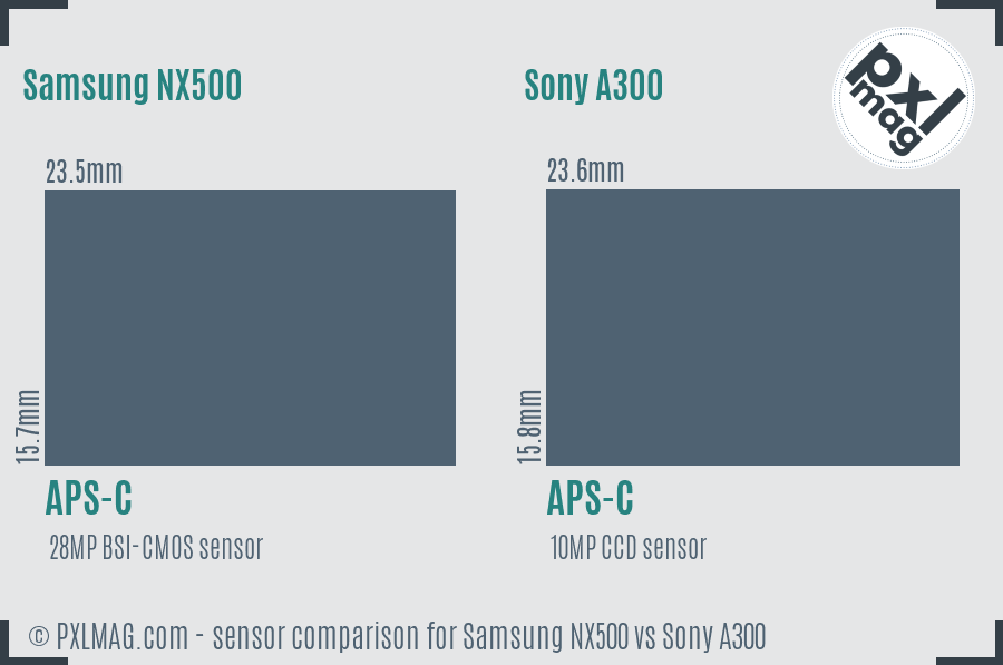 Samsung NX500 vs Sony A300 sensor size comparison
