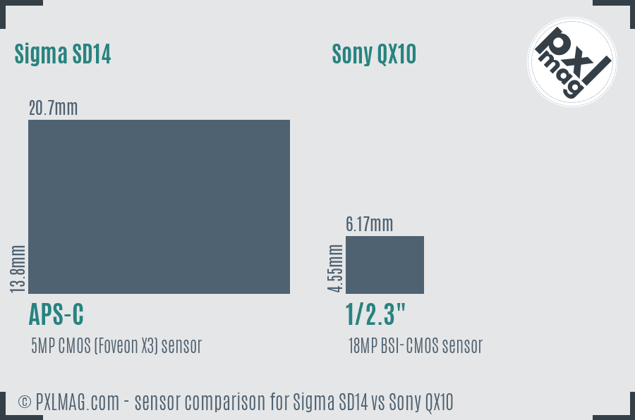 Sigma SD14 vs Sony QX10 sensor size comparison