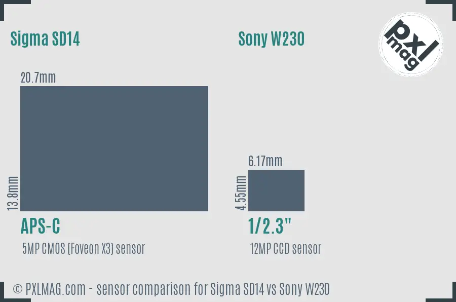Sigma SD14 vs Sony W230 sensor size comparison