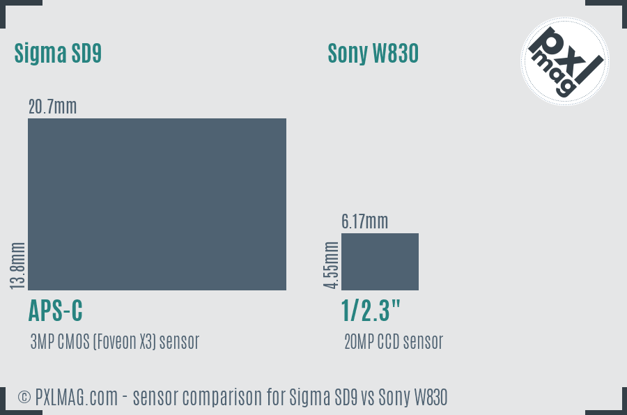 Sigma SD9 vs Sony W830 sensor size comparison