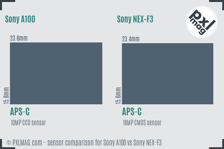 Sony A100 vs Sony NEX-F3 sensor size comparison