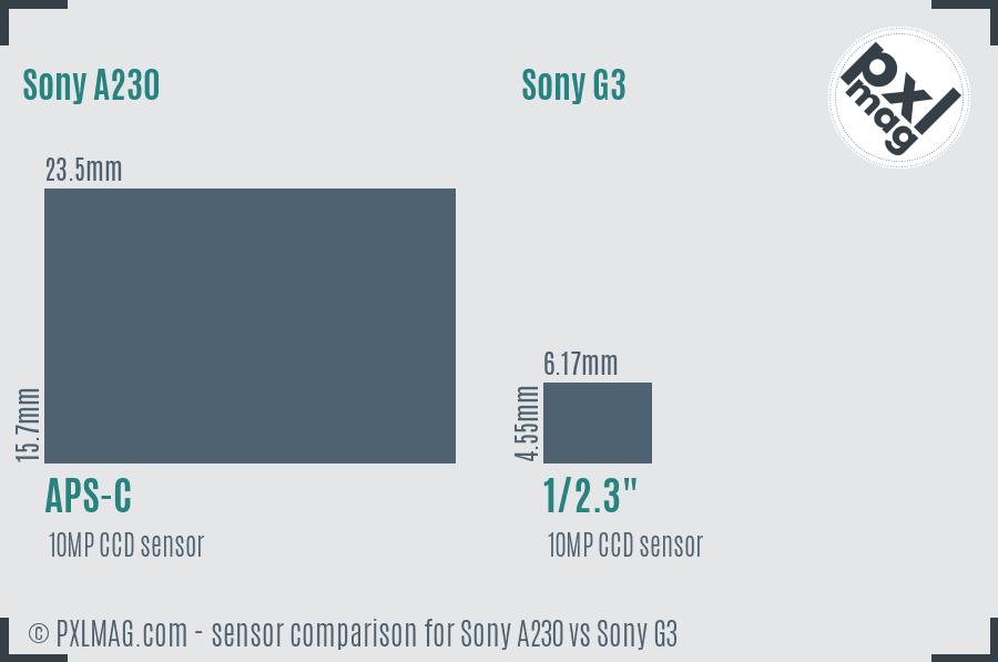 Sony A230 vs Sony G3 sensor size comparison