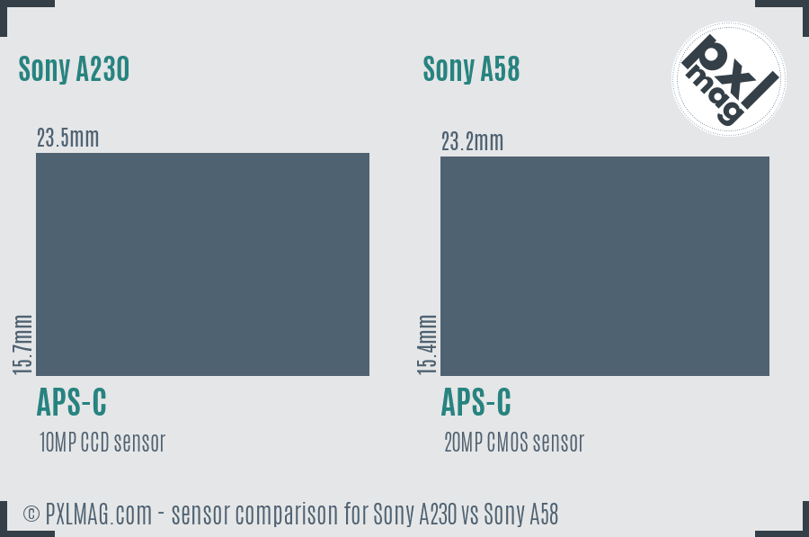 Sony A230 vs Sony A58 sensor size comparison