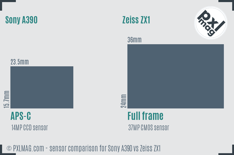 Sony A390 vs Zeiss ZX1 sensor size comparison