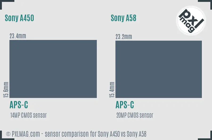 Sony A450 vs Sony A58 sensor size comparison