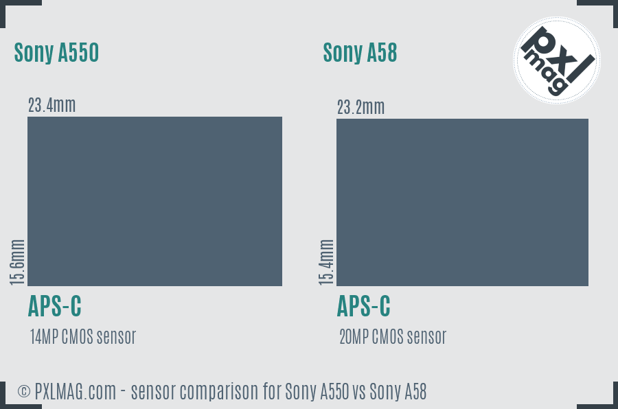 Sony A550 vs Sony A58 sensor size comparison