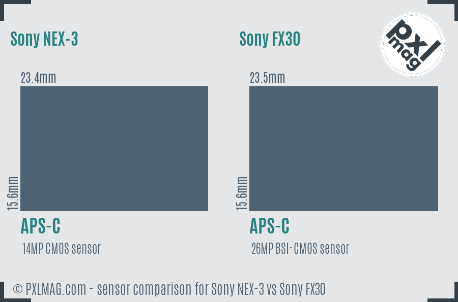 Sony NEX-3 vs Sony FX30 sensor size comparison
