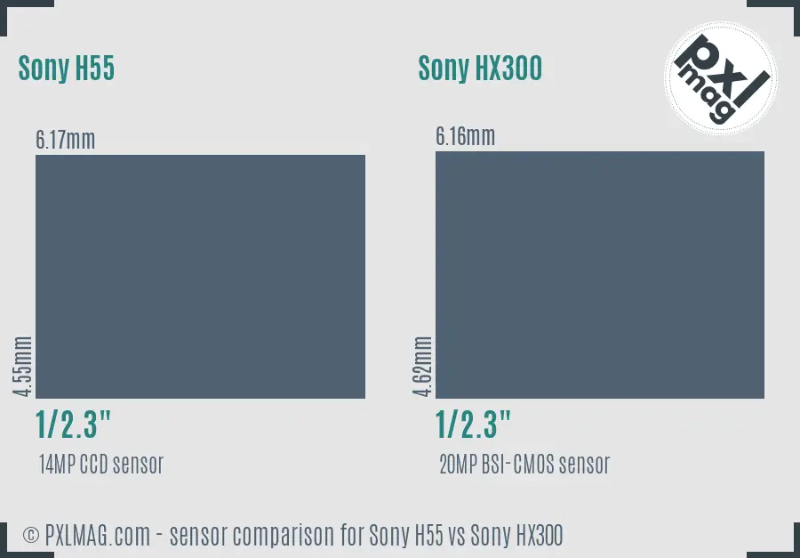 Sony H55 vs Sony HX300 sensor size comparison