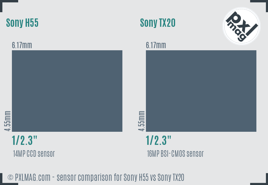 Sony H55 vs Sony TX20 sensor size comparison