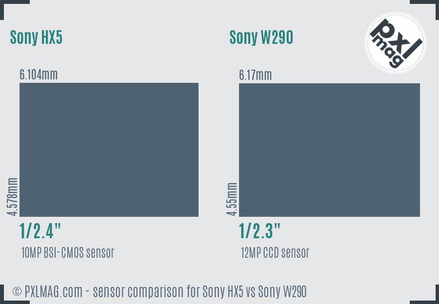 Sony HX5 vs Sony W290 sensor size comparison