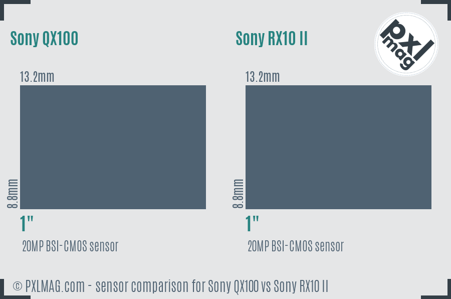 Sony QX100 vs Sony RX10 II sensor size comparison