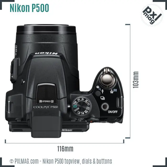 Nikon Coolpix P500 topview buttons dials